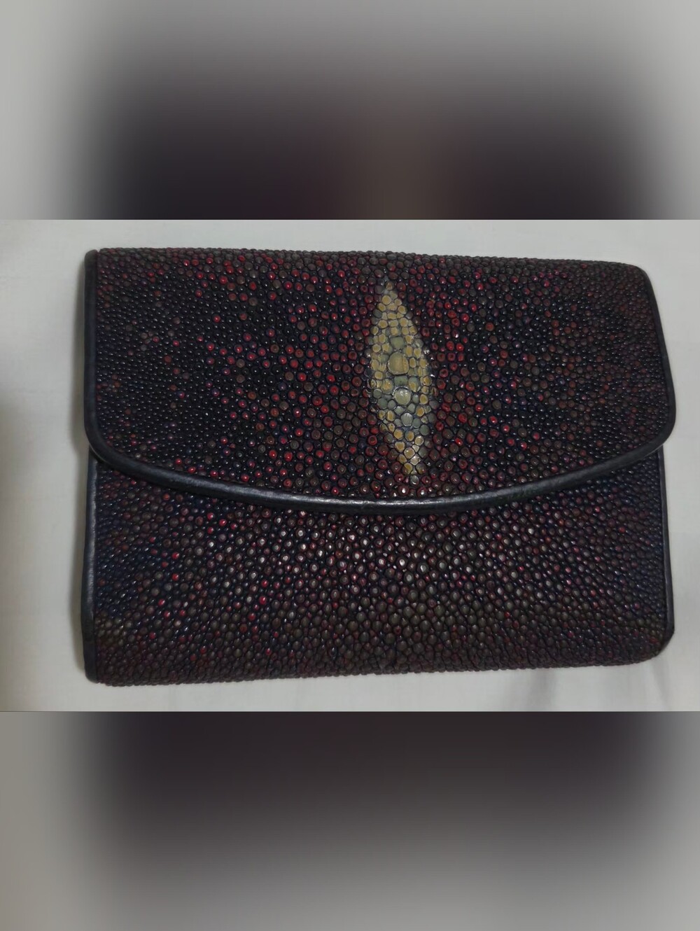Stingray Leather Envelope Clutch -Dark Blue with Red Accent